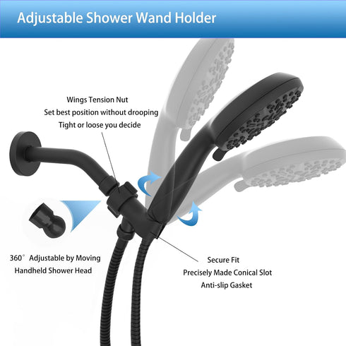 6-inch, 360 HTS025 Huttdmel Shower Head Holder, Shower Bracket for Handheld Showerhead, with Shower Arm Compatible