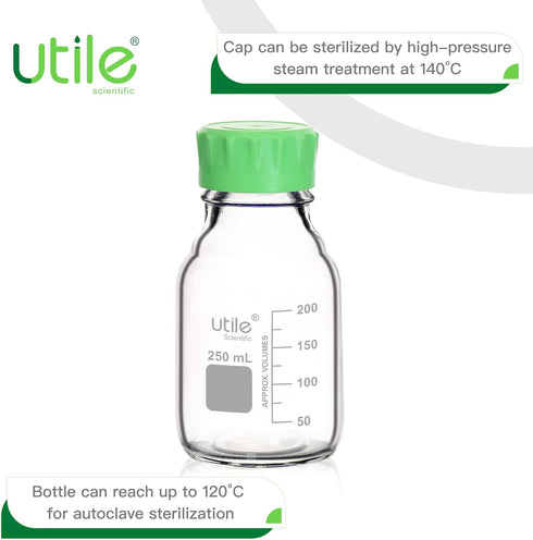 Utile Media Bottle, 3.3 Borosilicate Glass Storage Bottles with GL45 Screw Caps, 4pcs of 250ml Lab Bottles