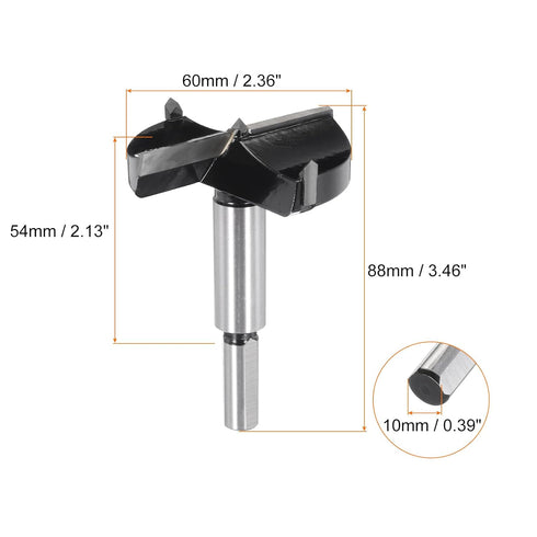 Forstner Drill Bit 60mm (2-3/8") K30/C1 Tungsten Carbide Tip Triangle Shank Opener Cutter for Woodworking