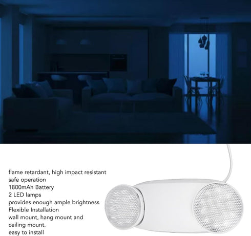 LED Emergency Light Fixtures with 2 Heads, 1800mAh Battery, US Plug, Adjustable Lamp Heads for Entry Exit Emergency