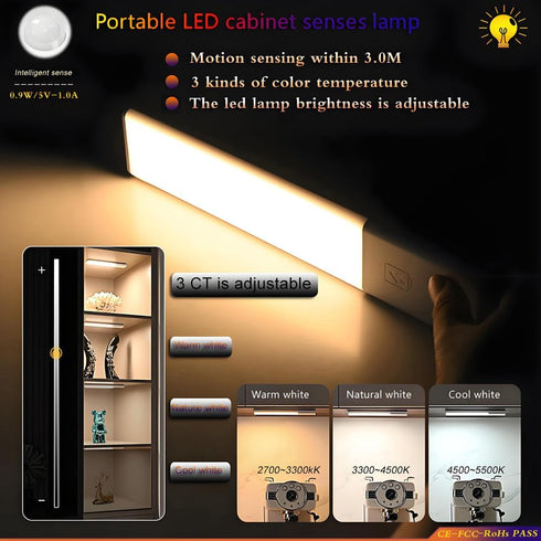 9.8inch 3 dimming 38pcs 3.0M (1200mAh) LED Intelligent motion senses Cabinet lamp of length Colors adjusts