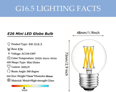 Greeogin G16.5 Bulbs Dimmable, 6W E26 Bulbs,Warm 2700K,600lm,6W 60 Watt,G50 Bulb Bulb 5-Pack LED Light Edison White
