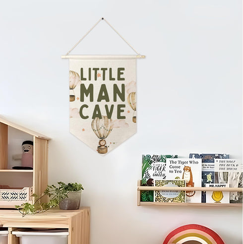 ArtisaEura Little Man Cave Wall Canvas Banners, Hot Air Balloon Nursery Decor, Baby Animal Hanging Display Pennant