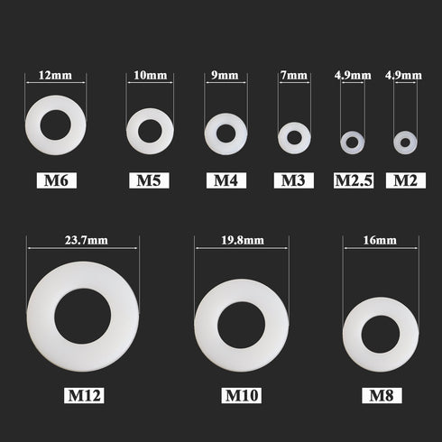 Nylon Flat Washer Assortment Set – 600 Pieces, 9 Sizes - M2 M2.5 M3 M4 M5 M6 M8 M10 M12