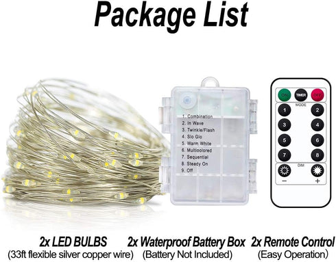 YoTelim LED Fairy String Lights - 2 Set 100 LED 33ft Micro Silver Wire for Indoor Decorations