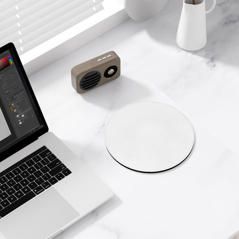 Hsxnam Leather Mouse Pad - Non-Slip Rubber Base, Stitched Edge, Washable Waterproof Round Mousepad, 8.7 inches, White