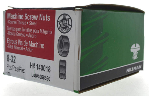 Hillman 140018 Hex Machine Screw Nuts, Zinc, 8-32, 100 Piece