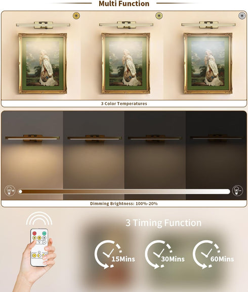 Dimmable 15.7" Wireless Picture Light Battery Operated with Remote LED Art Lights for Paintings Rechargeable Brass