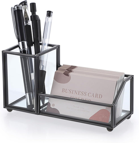 Hipiwe Glass Business Card Holder, Metal Pen Pencil Storage for Desk, Clear Business Card Display Organizer (Black)