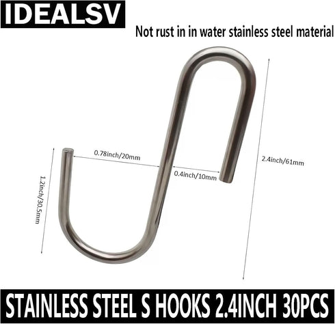 30 Pcs Stainless Steel Heavy Duty S Hooks, 2.4 Inch S Shaped Hooks for Hanging Pots and Pans