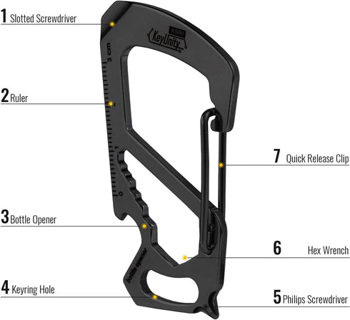 KeyUnity KS00BK Carabiner Clip Multitool - Stainless Steel 7 Tools in 1 | Quick Release Clasp | Wrench | Screwdrivers |