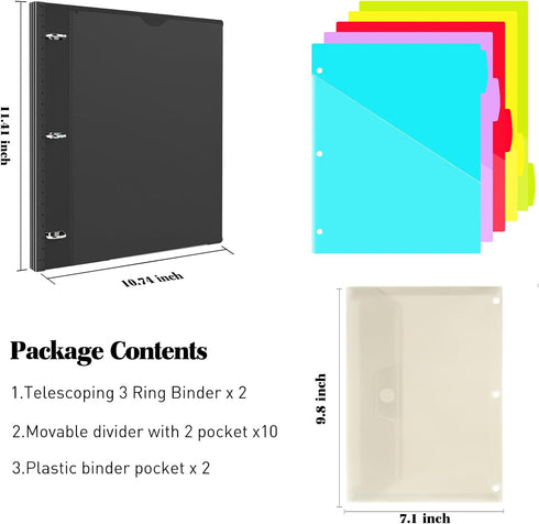 Telescoping Project Organizer Binder - 2PCS, 13 Pocket 3-Ring Binder with Customizable Cover, Black