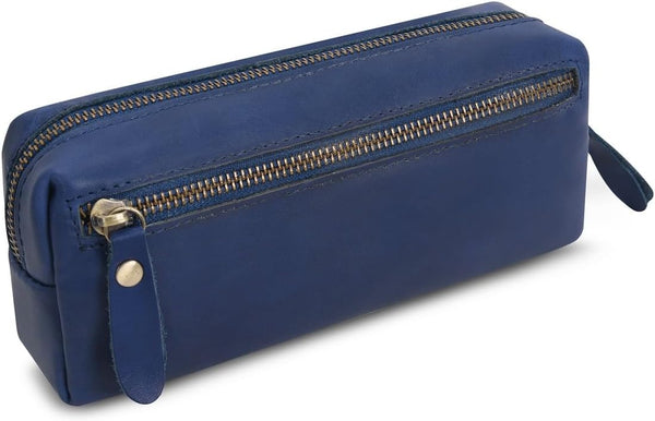 WONDERPOOL Pen Case Real Leather Pencil Pouch Markers Holder Big Capacity Bag