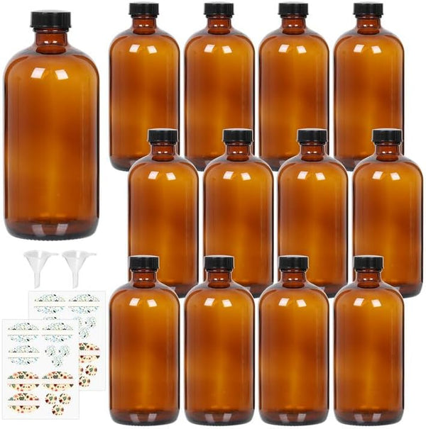 STARSIDE 12 Pack 16 oz Amber Glass Bottles with Lids, 480 ml Round Boston Bottles for Essential Oils, Juice