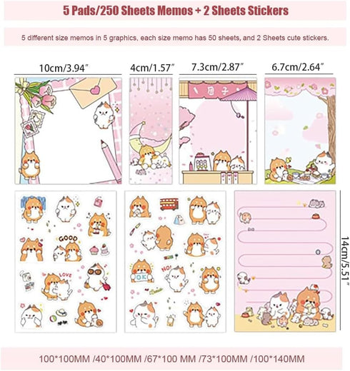 Doraking 250 Sheets Cute Cartoon Dog Memo Notes - Writing Pads with 2 Sheets Decorative Stickers