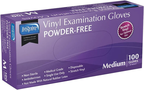 Inspire Medical Gloves, Powder Free Stretch Vinyl Exam Gloves, Disposable Latex Free Cooking Gloves