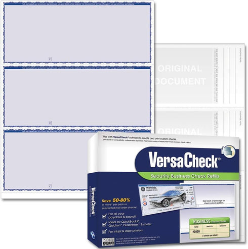 VersaCheck Secure Form #3000-750 Blank Business Sheets, Blue Premium, 250 Sheets, 3 Per Sheet