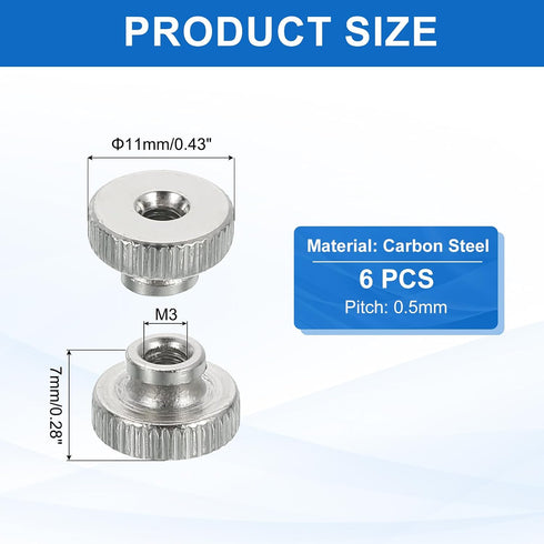MECCANIXITY 6Pcs M3x7mm 3D Knurled Thumb Nuts, Carbon Steel Nut Iron Round Knobs Fasteners High Head Through Hole Hand