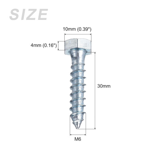 Hex Lag Screws (M6x30mm)25Pcs, Carbon Steel Self-Tapping Wood Bolts - for Household Applications