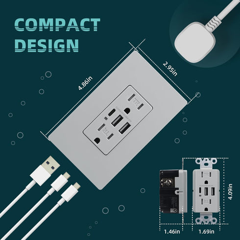 Grey USB Wall Outlet, 30W 6.0A Receptacles with Type A & C Ports, 15 Amp Tamper-Resistant Electrical Outlet
