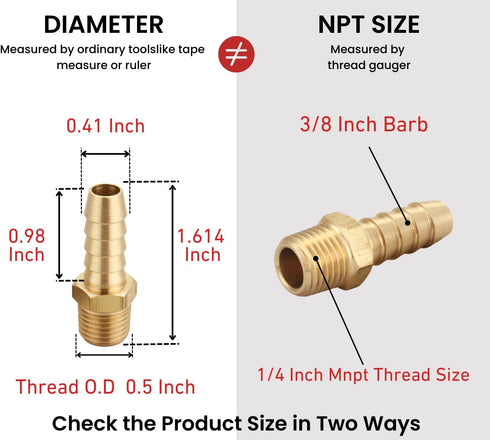 3/8 Inch Hose Barb to 1/4 Inch NPT Male Thread - Brass Air Hose Barb Fittings, 10 Piece