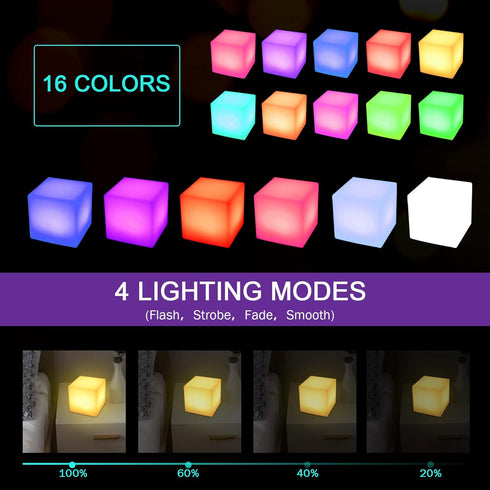 callyan 4-Inch Dimmable LED Glow Cube Waterproof Rechargeable Adjustable RGB Color Changing with Remote Control, Night