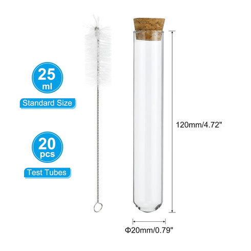 PATIKIL 25ml Test Tubes Set, 20pcs 4.72x0.79in Glass Clear Round Bottom Test Tube Containers with Stopper for Bead Party Candy Bath Salt Storage Scientific Experiment Plant Propagation