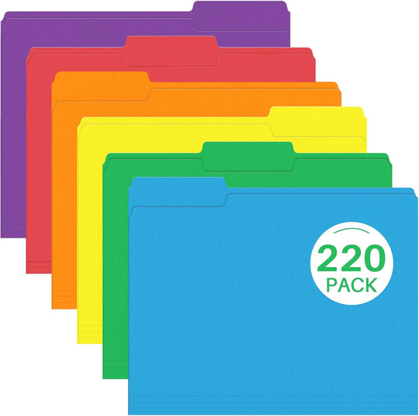 PANDRI File Folder, 220 Pack, Colored, Letter Size, 1/3 Cut Tabs, Assorted 6 Colors for Office School Business