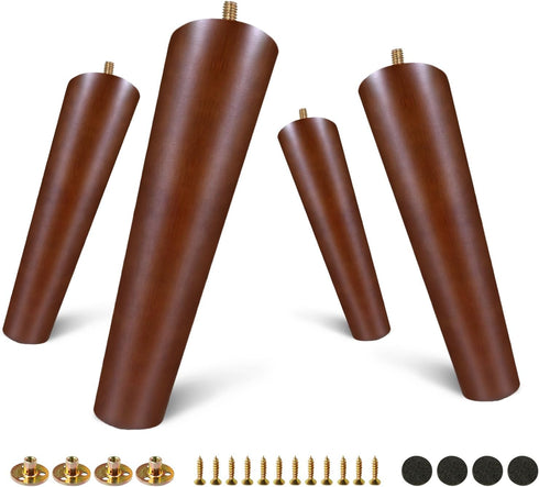 FoDau770 Brown Rubber Wood Furniture Legs 8 Inches, Slant Tapered Wood Feet Mid