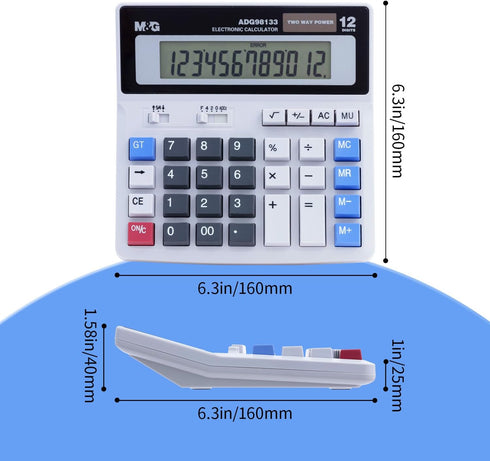 M&G Desk Calculator, 12 Digit Extra Large LCD Display, Dual Solar Power and Battery, Big Button Accounting Calculator