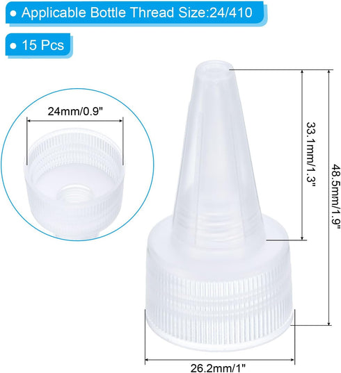 PATIKIL 24/410 Twist Bottle Caps, 15Pcs Plastic Ribbed Edge Squeeze Bottle Replacement Caps with Foam Gasket for Paint Lids Glue Dispensing Bottles, Clear