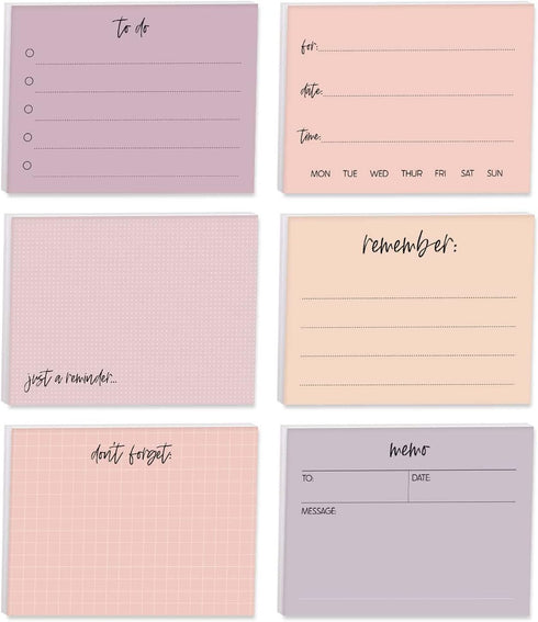 Feminine Reminder Fill in Sticky Note Pads, Set of 6, 4" x 3" Pink Purple, 50 Sheets Per Pad, Made in The USA