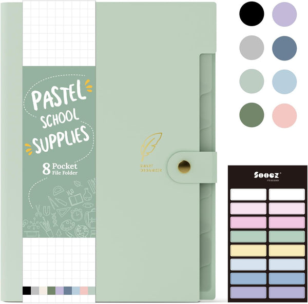 Sooez Aesthetic Expanding File Folder, 8 Pocket Portable Organizer for Important Documents, Light Green