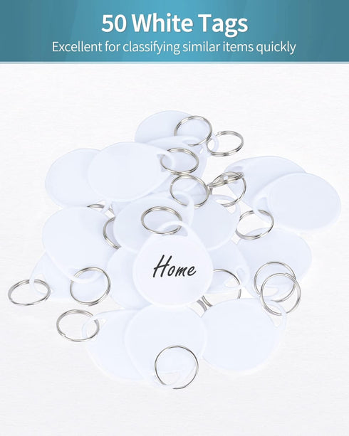 Uniclife 1.5 Inch Tough Plastic Key Tags, 50 Pack with Blank Paper Label Stickers and Split Rings