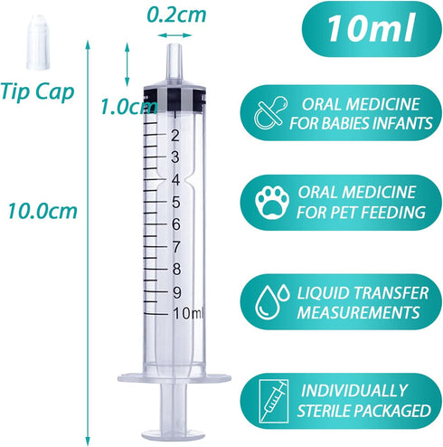 10 Pack 10ml Syringe for Liquid, Oral, Scientific Labs, Measurement, Dispensing, with Cap, 10cc Syringes