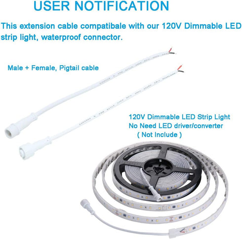 Waterproof Extension Cable, IP65 LED Connector Cable 2 Pin Female and Male, Length 6.7 inch, 2 Pair