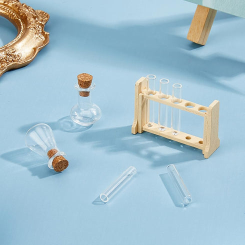 Dollhouse Mini Glass Test Tube, Miniature Glass Tube with Tiny Wood Rack for Science Sets
