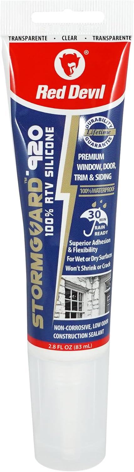 Red Devil 0795 StormGuard 920 100% RTV Silicone Window and Door Sealant, Water-Resistant Adhesive, 2.8 oz. Tube, Clear