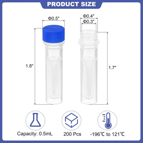 PATIKIL 0.5ml Plastic Cryogenic, 200Pcs Self Standing Cryogenic Vial Screw Top Frozen Test Tube for Lab Laboratory Science, Blue Cap
