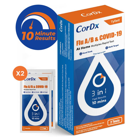 CorDx TyFast Flu A/B & Covid-19 Multiplex Rapid Test, 10 Mins at Home, FDA Authorized, 3-in-1 Combo Kit
