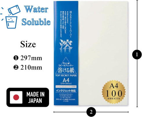 Water Soluble Paper Sheet A4 Size - 100 Sheets, Inkjet & Laser Printable for Artwork, Craft, and Candle, Made in Japan