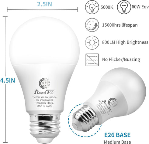 Bulb- 5 Pack, A19 Bulbs; 800 9W(60 E26 Bulb (5000K AmeriTop Dusk to Dawn Light LED Sensor Light Automatic On/Off