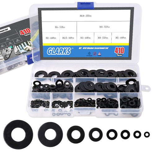 Glarks 410Pcs Metric Flat Washers Assortment Set - M2 M2.5 M3 M4 M5 M6 M8 M10, Black Zinc Plated Alloy