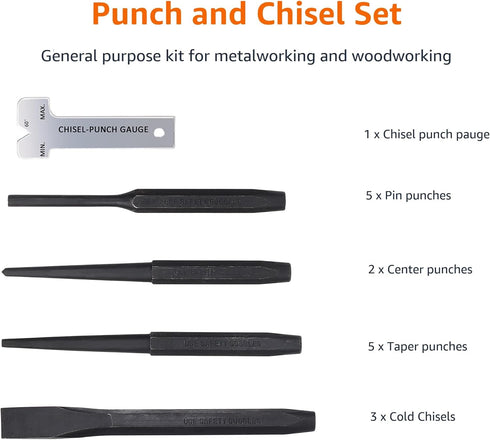 16-Piece Set Amazon Basics Chrome Vanadium Steel Punch and Chisel with Storage Pouch, Cold Chisel, Pin Punch, Center