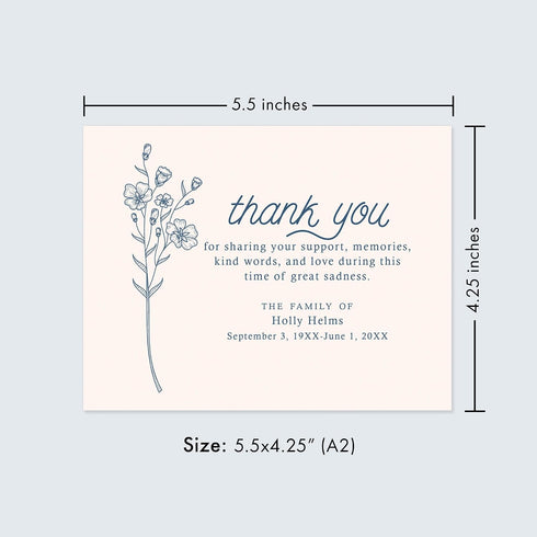 5.5x4.25 Simple Blue Wildflower Funeral Thank You Cards, Personalized Sympathy Acknowledgement Cards, Bereavement Notes