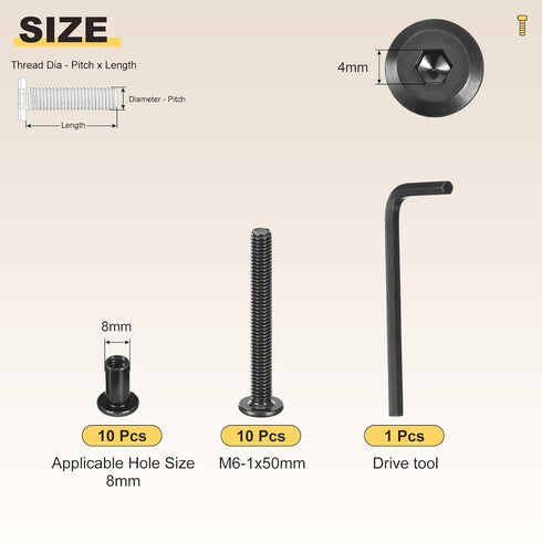 METALLIXITY Set Wrench(M6-1x50mm) 20Pcs, M6 Furniture Crib Screws Replacement with Galvanization Connector Bolts Screw