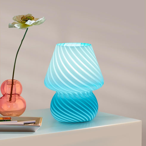 ONEWISH Mushroom Lamp, Small Table Lamp with Sea Blue Striped Glass, Nightstand