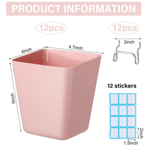 Namalu 12 Pack Peg Board Storage Bins with Labels and Hooks Square Box Shape Pegboard Cup Holder Accessories Pegboard Organizer for Craft Room Wall holder Workbench(4.7 x 4 x 5 Inch, Pink)