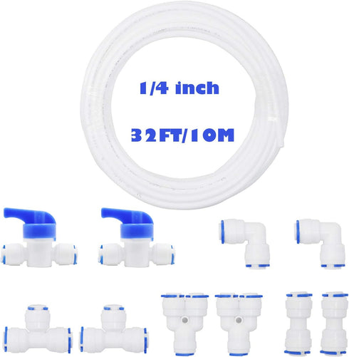 1/4" OD Quick Connect Push in Water Tube Fitting, 10pcs + 1/4 inch RO Water White Tubing, 10M (32FT)