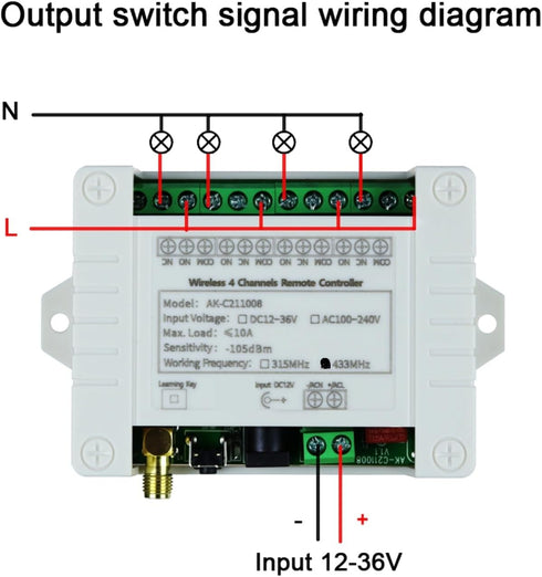 fushionsea 12V 24V 36V 10A 4CH 433Mhz 600ft Remote Control Switch DC Long Range Wireless Relay Switch for Garage Door